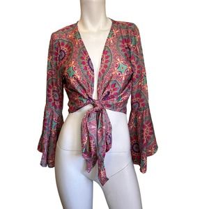 Purple Queen Boho Bell Sleeve Open Front Pink & Gold Metallic Design Top sz XS-M